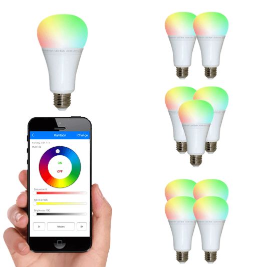 Wifi set met 1-4 RGBWW led lampen mét Wifi module 12 Watt E27 fitting